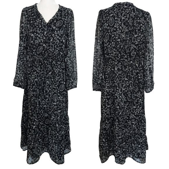 LOFT NWT Floral Clip V-Neck Midi Dress Black White Boho Elegant Romantic - Picture 1 of 9